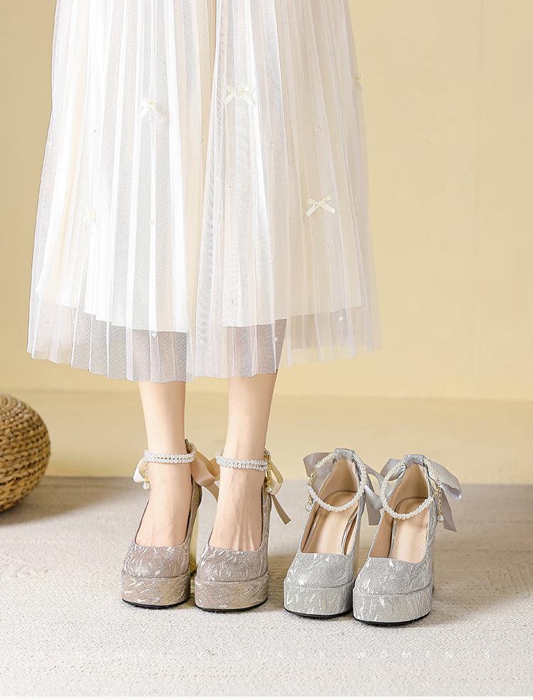 Waterproof Platform Super High Heels Chunky Heel Champagne Bridesmaid Wedding Shoes Short Music Strap Pearl Grace Flats - So Real Fashion