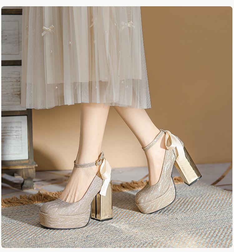 Waterproof Platform Super High Heels Chunky Heel Champagne Bridesmaid Wedding Shoes Short Music Strap Pearl Grace Flats - So Real Fashion