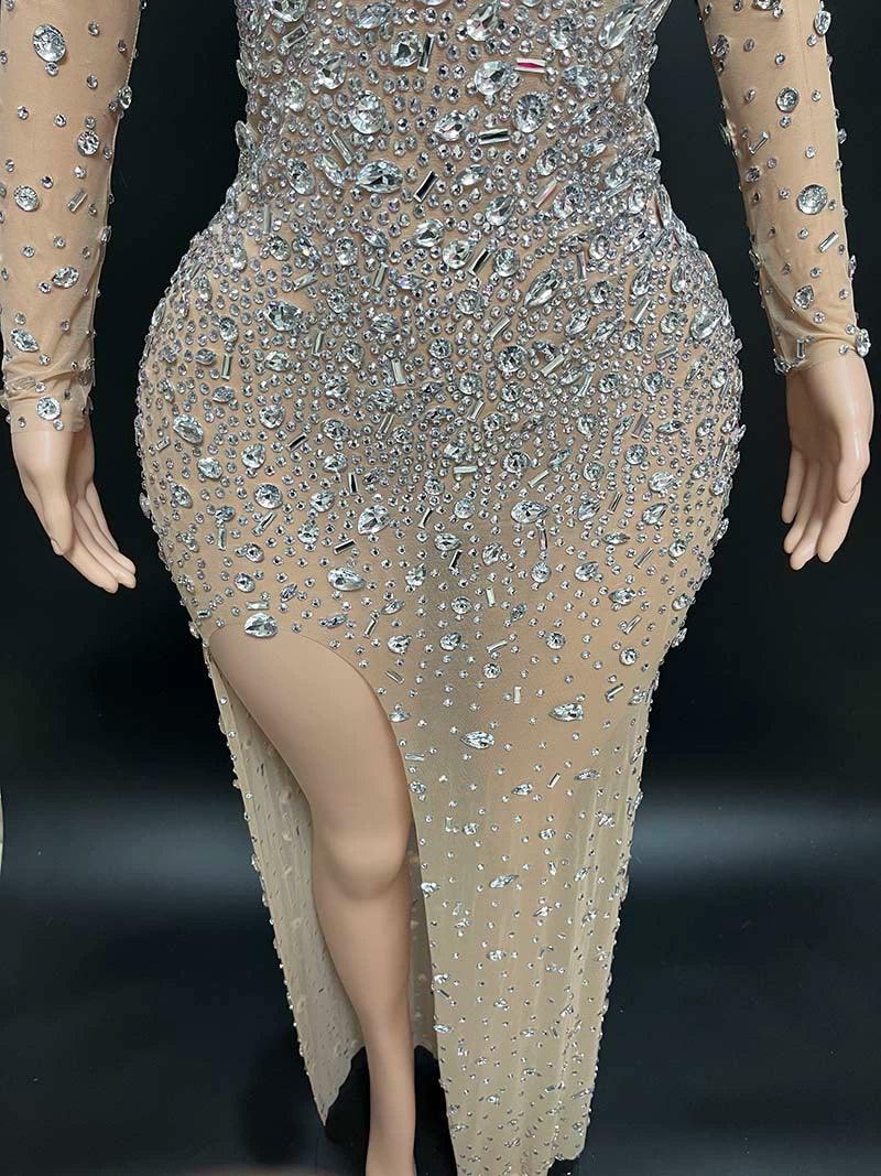 High Neck Sexy Slit Rhinestone Elegant Shiny Dress - So Real Fashion