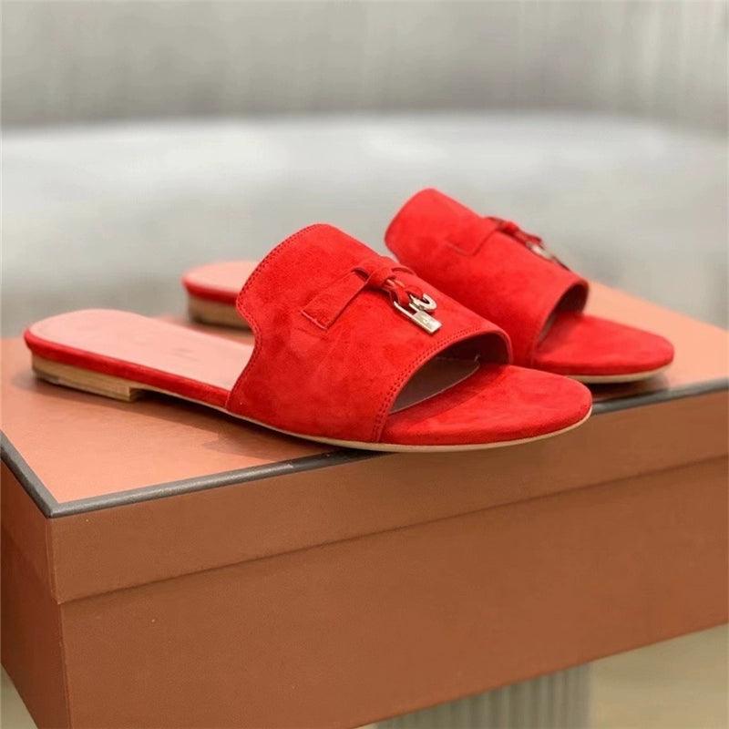 Flat for Outdoors Genuine Leather Suede Half Slippers Retro Bean Bag Open Toe Sandals Internet Celebrity Comfortable plus Size Women's Shoes - So Real Fashion