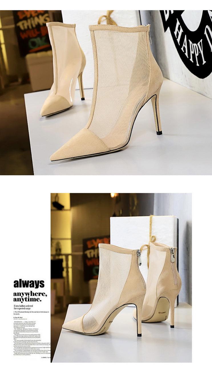 European and American Sexy Nightclubs Thinner See-through Mesh Hollow-out High Heels Women's Shoes Stiletto Heel Pointed Ankle Boots - So Real Fashion