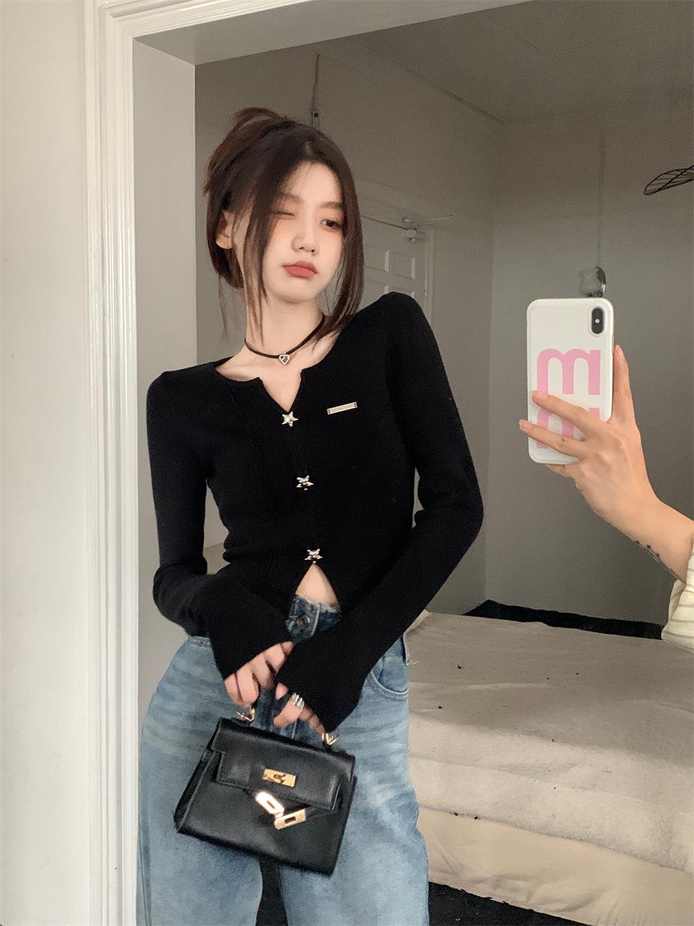 Sweet Sexy Black V-neck Base Knitwear Female Spring & Fall Slim Fit Inner Wear Slim Looking Unique Chic Cropped Small Top - So Real Fashion