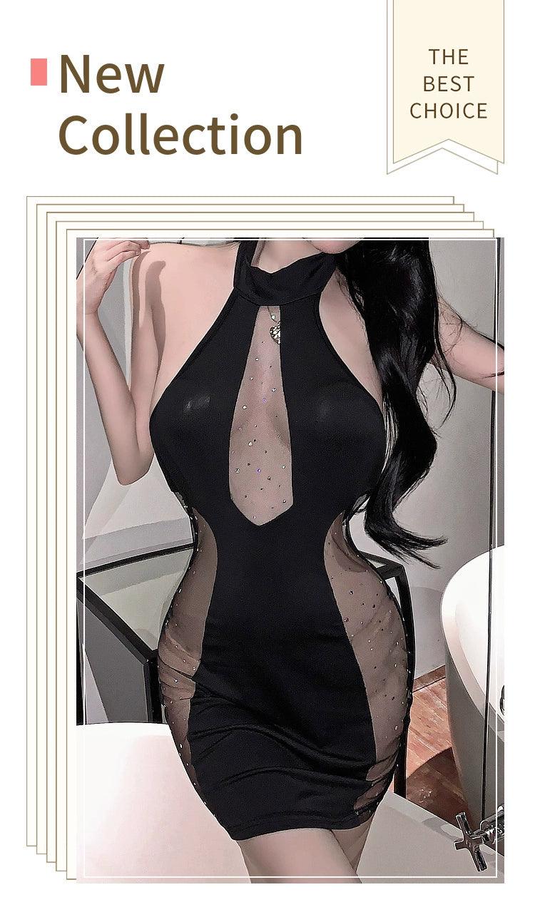 Gegejia Sexy French Style Retro Halterneck Stand-Collar Gauze Patchwork Hot Drilling Low-Cut Open Back Hip-Wrapped Dress Women’s. - So Real Fashion