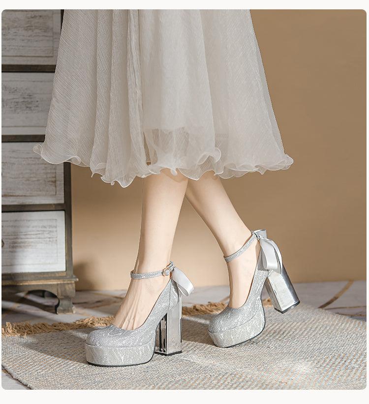 Waterproof Platform Super High Heels Chunky Heel Champagne Bridesmaid Wedding Shoes Short Music Strap Pearl Grace Flats - So Real Fashion