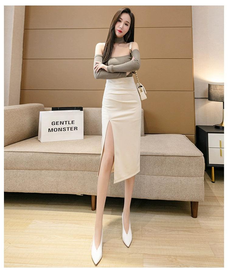 Irregular Slit Mid Length Long Length Spring Pleated Skirt - So Real Fashion