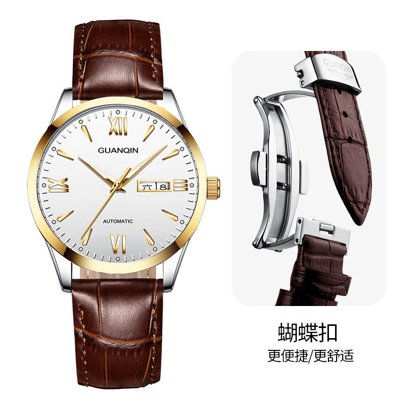 Swiss Guanqin Brand Watch Men Genuine Leather Luminous Fashion Waterproof Automatic Mechanical Watch Stainless Steel Watch - So Real Fashion