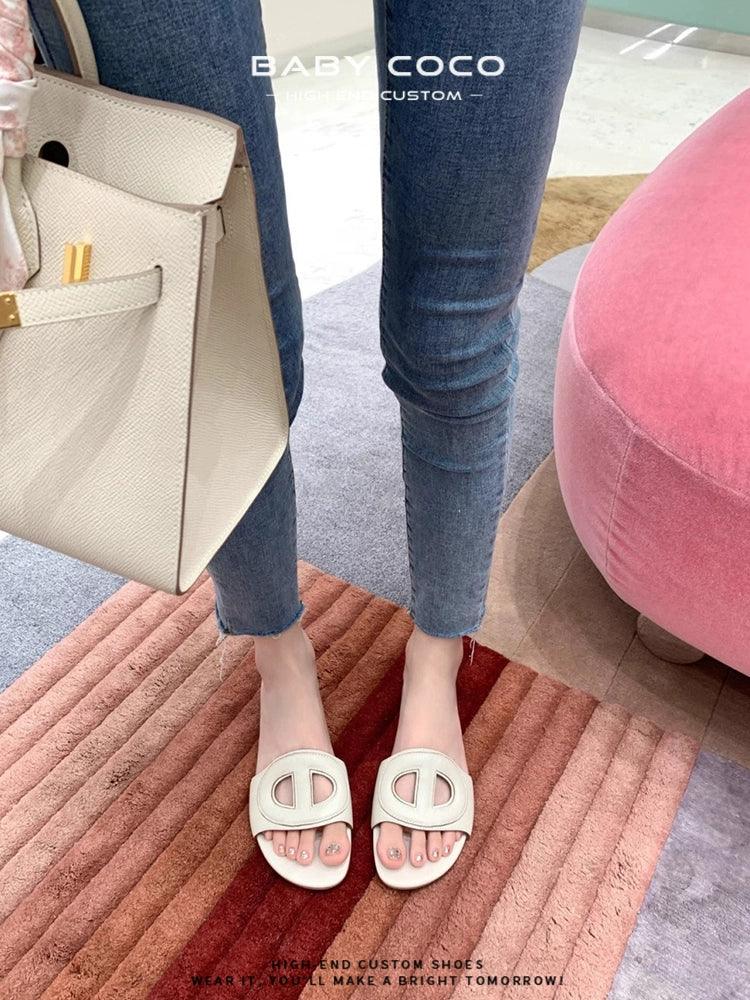 Goatskin Version ~ Pig Nose Authentic Leather Hollow out Slippers Women's Summer Outwear Casual Beach Soft Soled Flats Sandals - So Real Fashion