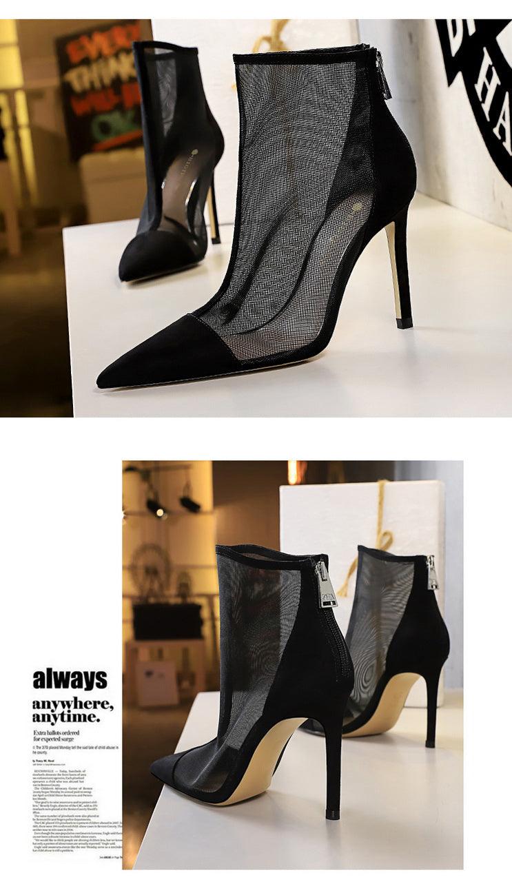 European and American Sexy Nightclubs Thinner See-through Mesh Hollow-out High Heels Women's Shoes Stiletto Heel Pointed Ankle Boots - So Real Fashion