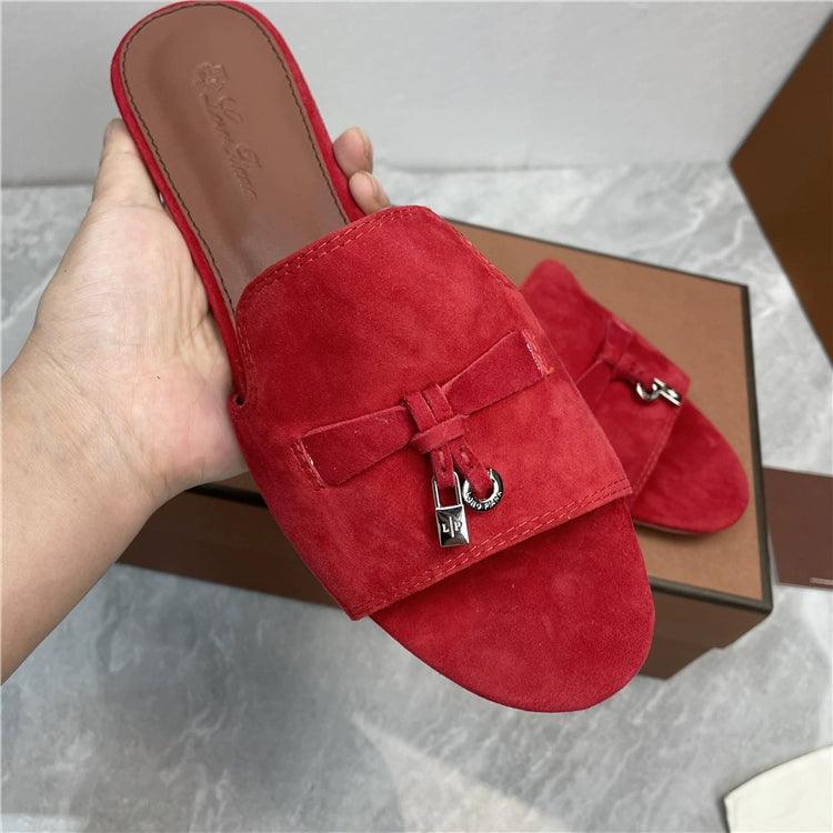 Flat for Outdoors Genuine Leather Suede Half Slippers Retro Bean Bag Open Toe Sandals Internet Celebrity Comfortable plus Size Women's Shoes - So Real Fashion