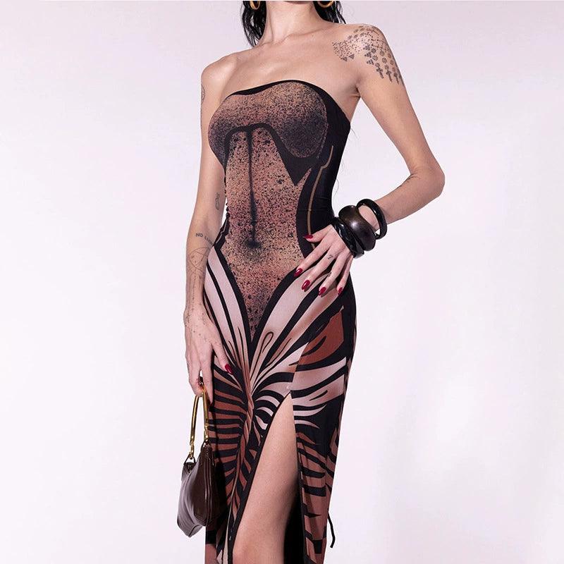 Fashion Pure Desire Wind Autumn New Fashion Trendy Printed Sexy Tube Top Slit Slim-Fitting Slim Looking Sexy Dress - So Real Fashion