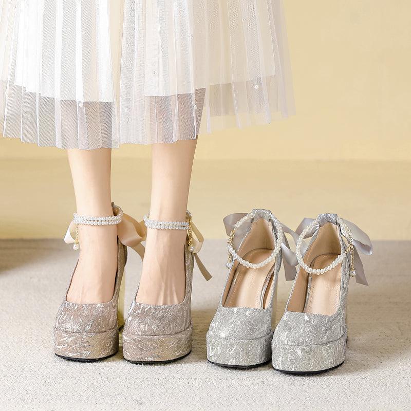 Waterproof Platform Super High Heels Chunky Heel Champagne Bridesmaid Wedding Shoes Short Music Strap Pearl Grace Flats - So Real Fashion