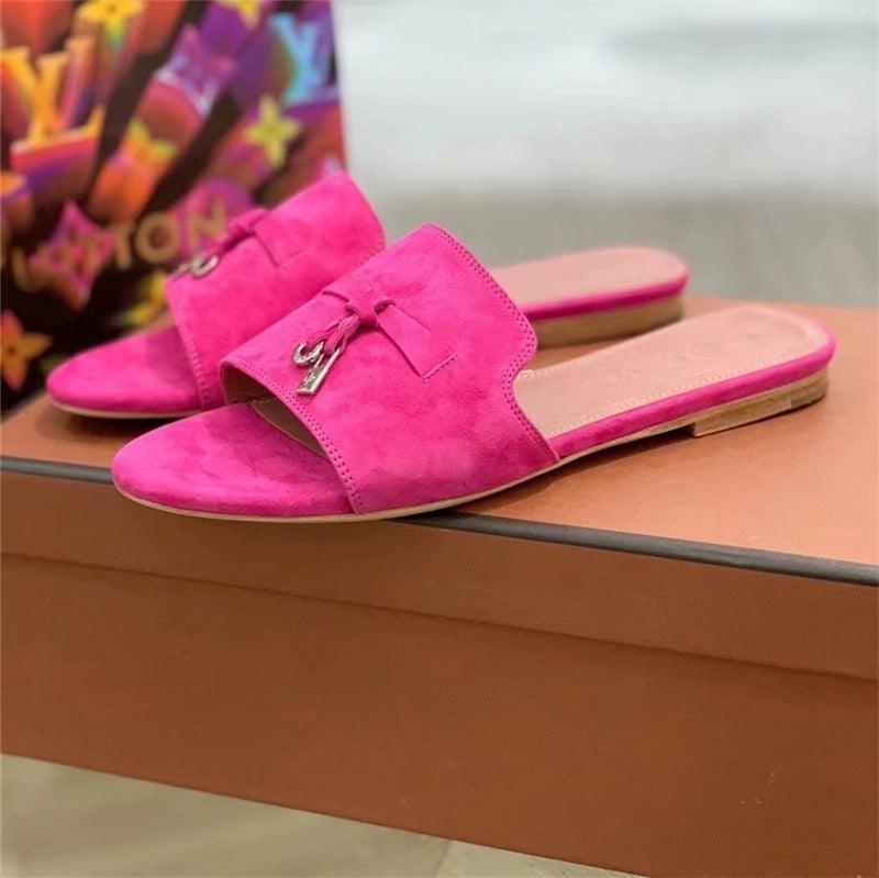 Flat for Outdoors Genuine Leather Suede Half Slippers Retro Bean Bag Open Toe Sandals Internet Celebrity Comfortable plus Size Women's Shoes - So Real Fashion