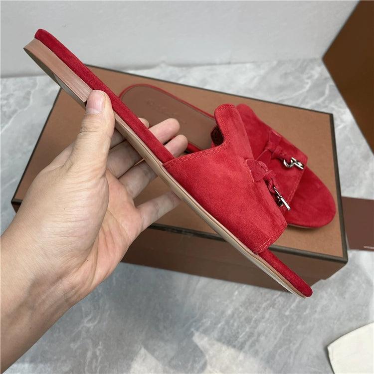 Flat for Outdoors Genuine Leather Suede Half Slippers Retro Bean Bag Open Toe Sandals Internet Celebrity Comfortable plus Size Women's Shoes - So Real Fashion