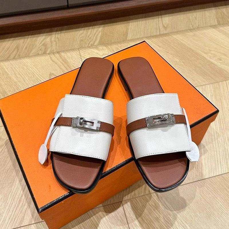 Summer Lock Classic Style Color Matching Flats Genuine Leather Semi-Slippers - So Real Fashion