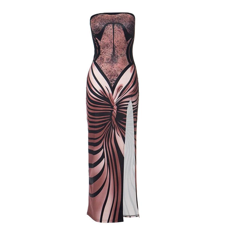 Fashion Pure Desire Wind Autumn New Fashion Trendy Printed Sexy Tube Top Slit Slim-Fitting Slim Looking Sexy Dress - So Real Fashion