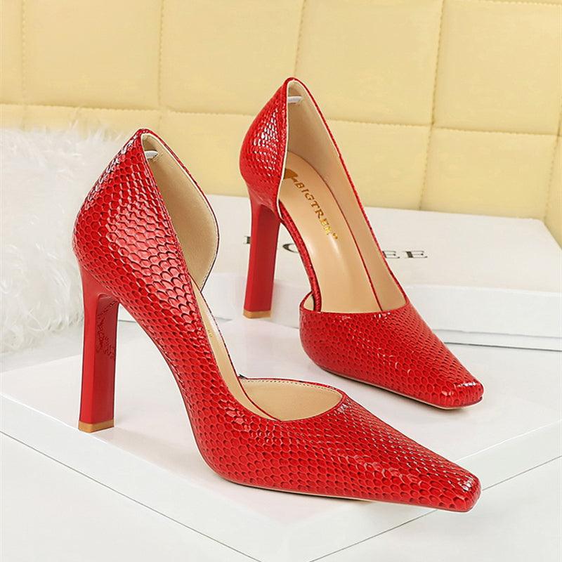 OL Fashion Style Snake skin Patent Leather Side Cut Out High Heels - So Real Fashion