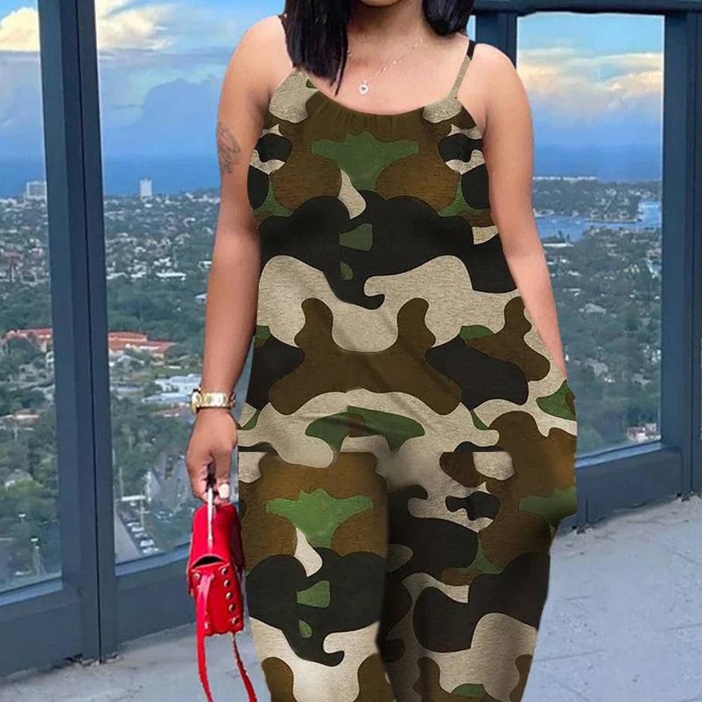 Plus Size Army Green Leopard Jumpsuit with Pockets - So Real Fashion