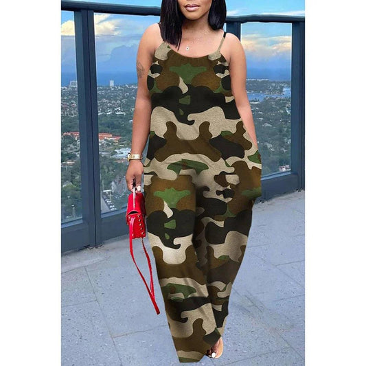 Plus Size Army Green Leopard Jumpsuit with Pockets - So Real Fashion