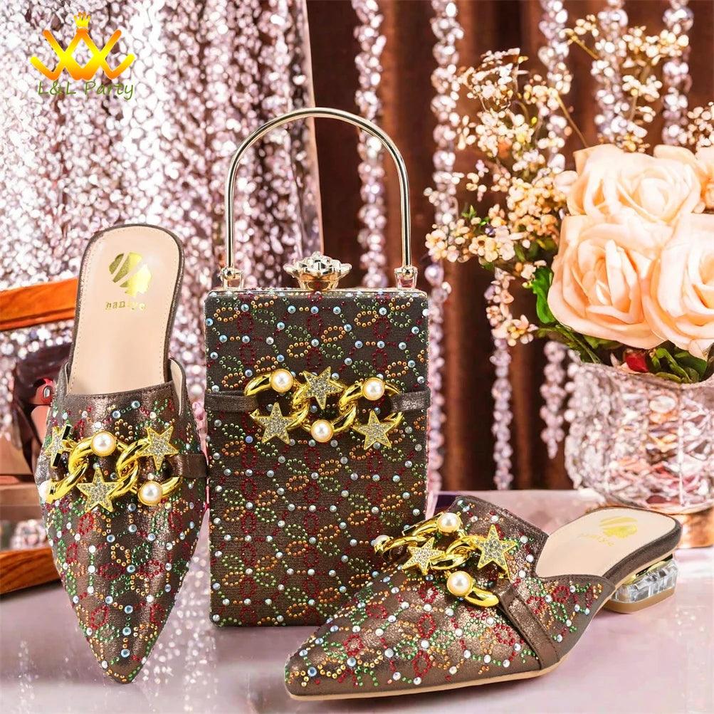 Low Heels Comfortable Sweet Style Italian Design Shoes Matching Bag Set in Orange Color High Quality with Crystal for Dress - So Real Fashion