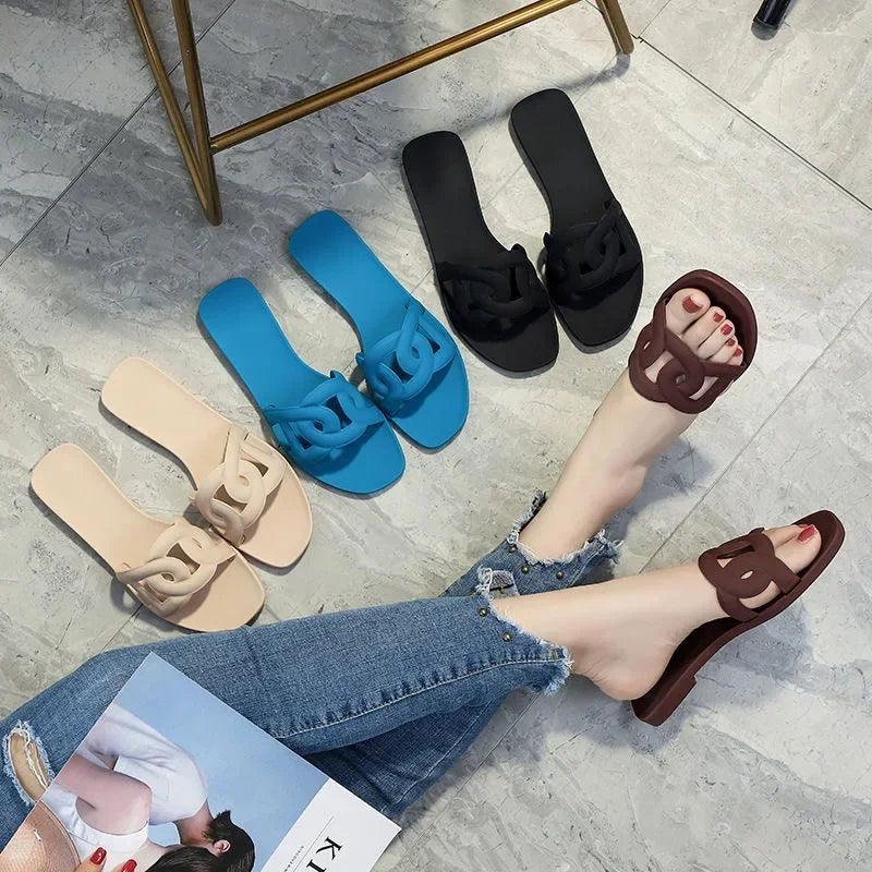 2025 New Women's Slippers Pig Nose Flat Jelly Slippers Women Open Toe One-Word Drag Net Infrared Wear Beach Sandals - So Real Fashion