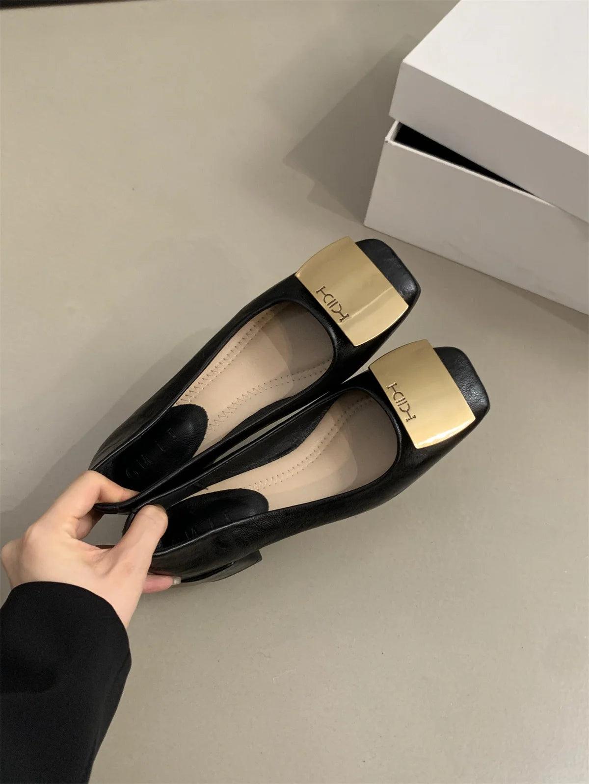 Metal Buckle Elegant Mid Heel Shoes Street Style Women's Chunky Heels Pumps Shoes Spring Retro Autumn Shoes for Women Fashion - So Real Fashion