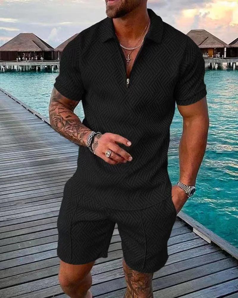 Men's Athletic T-Shirt Set Casual Mesh Lapel Short Sleeve Pullover Tops+Shorts 2-Piece Male Solid Thin Sporty Suits Black Zipper - So Real Fashion