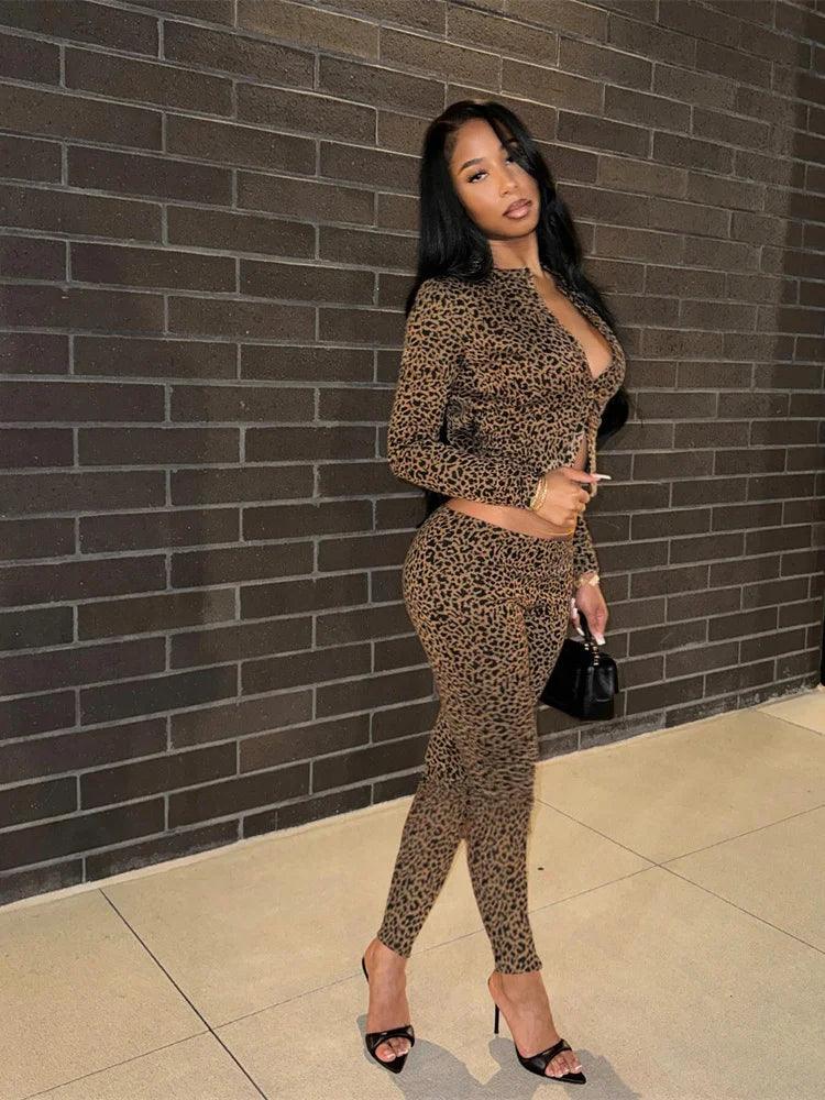 Nibber 2 Piece Set Leopard Print Woman Button-Down Mini Long-Sleeved Top+Cropped Trousers Sexy Comfortable Wild Midnight Suit - So Real Fashion