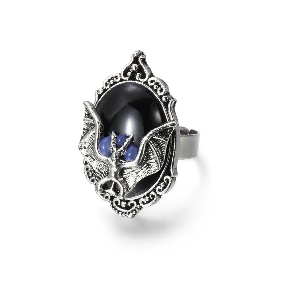 Gothic Vampire Bat Ring Crystal Ring Gothic Witch Ring Victorian Pagan Jewelry Gift For Bat Lovers Adjustable Bat Cameo Rings - So Real Fashion