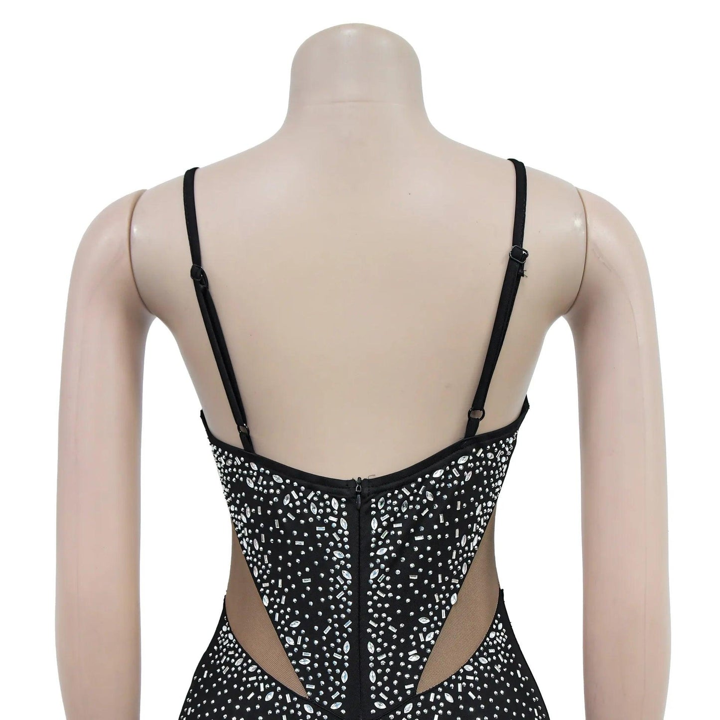 Sexy Sheer Mesh Pacthwork Rhinestone Decor Sleeveless Skinny Jumpsuit - So Real Fashion