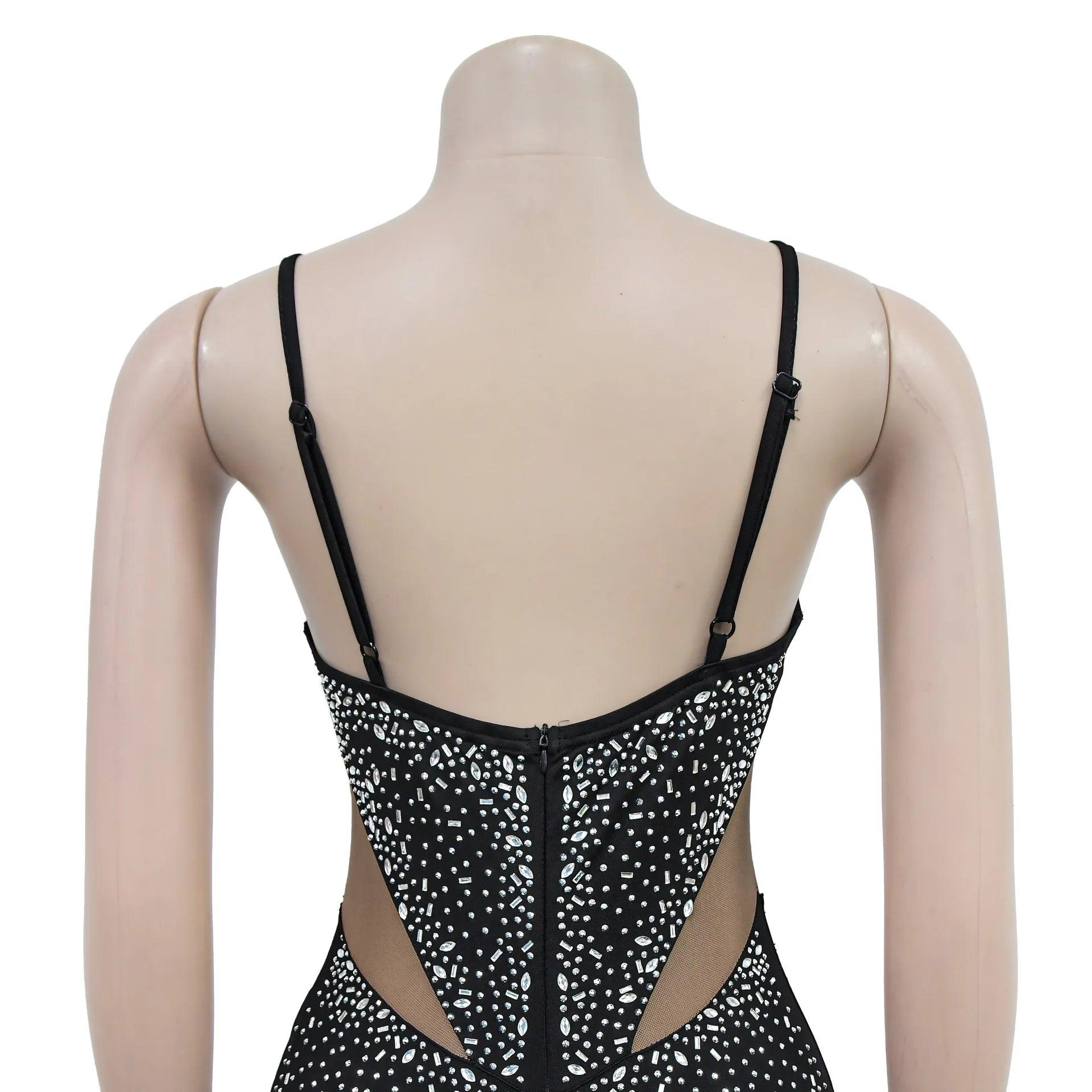 Sexy Sheer Mesh Pacthwork Rhinestone Decor Sleeveless Skinny Jumpsuit - So Real Fashion