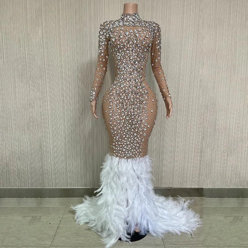 Sparkling Silver Transparent Feather Long Dress Celebrating Luxury Costume Dancer Flash Dress Party Birthday Photography Dress - So Real Fashion