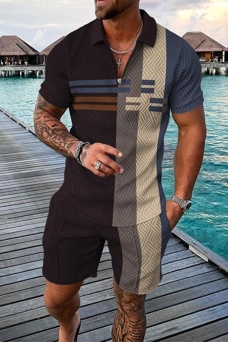 Men's Summer Tracksuit Sports Suit Men Set 3D Printed Casual Short Sleeve T Shirt Lapel Zip Polo Shirt Male Clothing Jogging - So Real Fashion