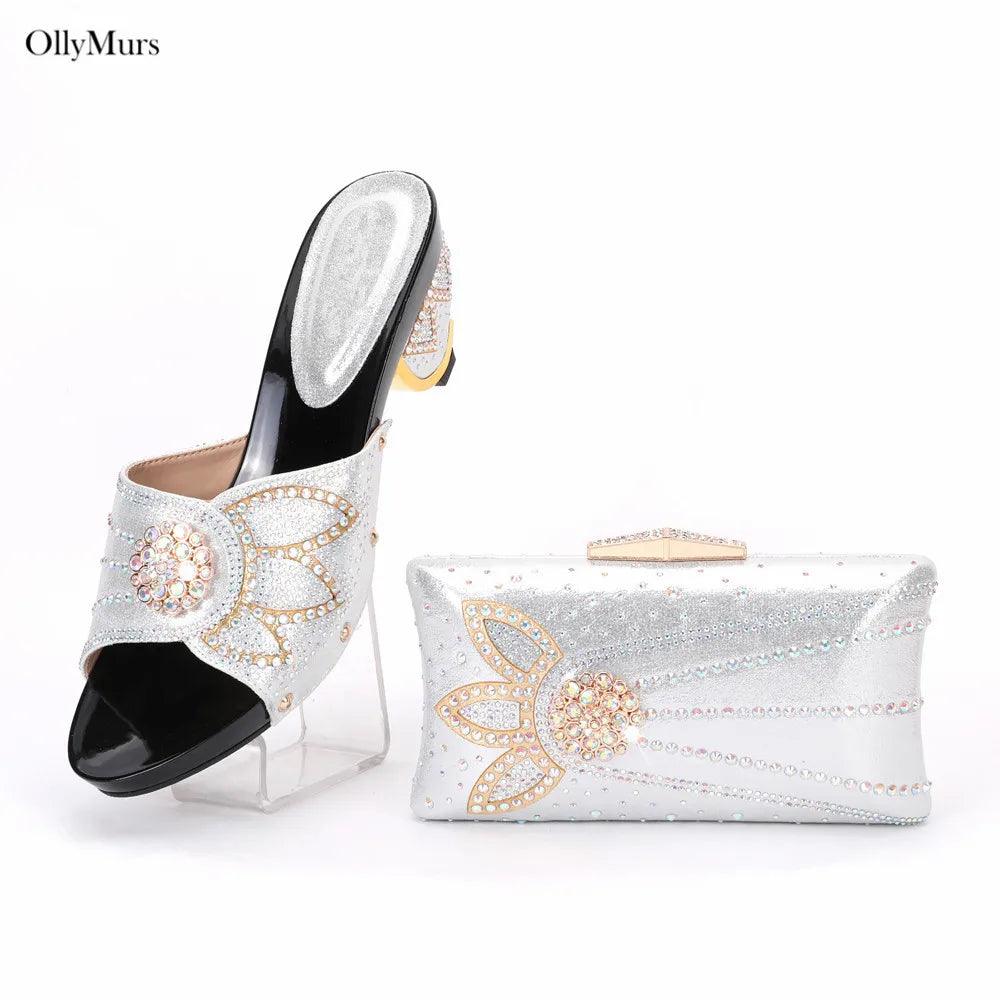 High Quality Italian Rhinestone Purple Color Shoes And Bags Set Fashion Slipper Pumps Woman Shoes And Bag To Match Set For Party - So Real Fashion