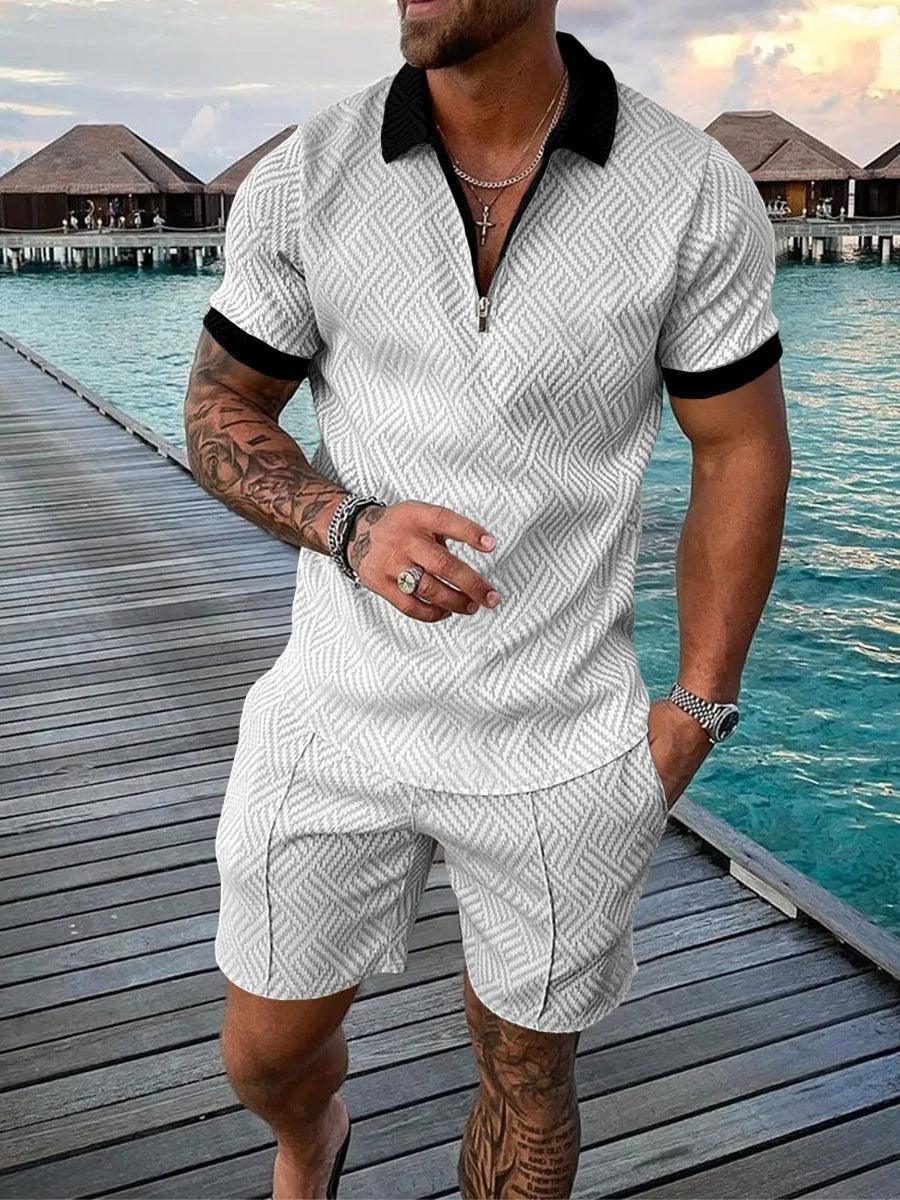 Summer Men's Sports Patchwork Pattern Short Sleeve Stylish Zipper Polo Shirt And Shorts Set Men's Casual Streetwear 2-pie - So Real Fashion