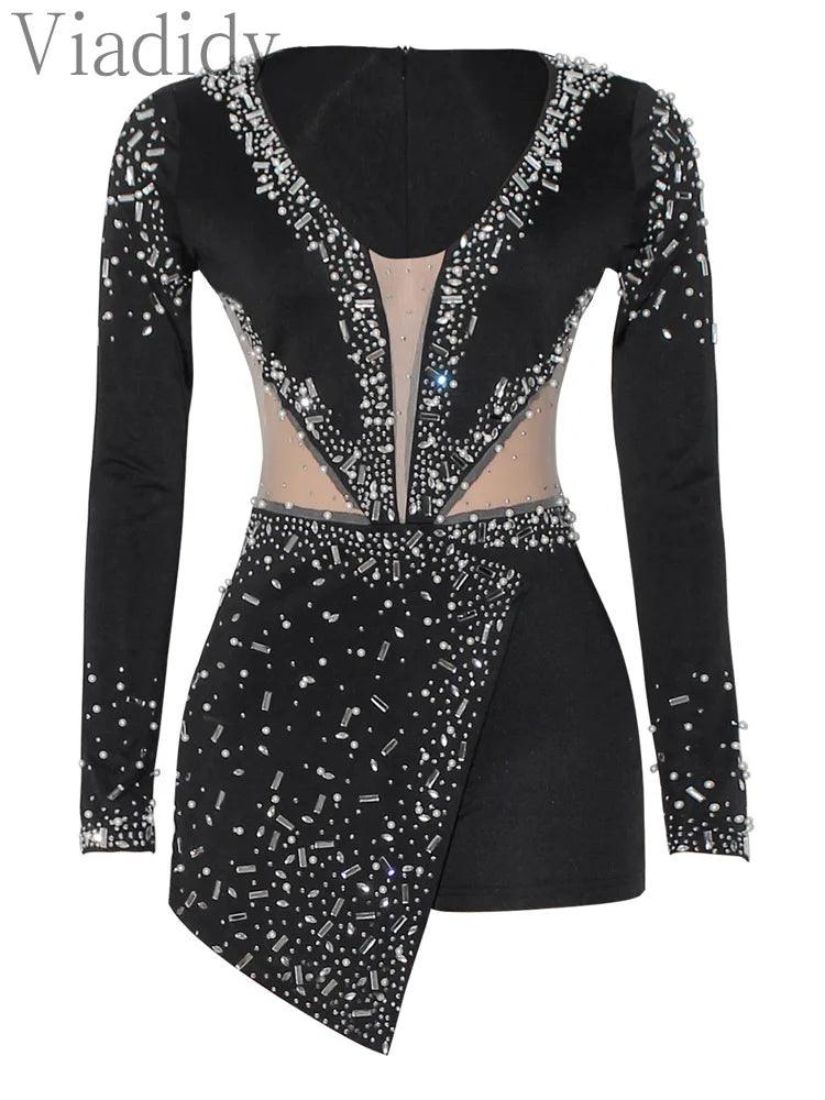 Women Sexy Rompers V-Neck Mesh Rhinestone Skinny Long Sleeve Playsuits - So Real Fashion