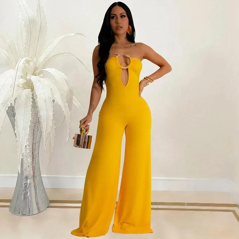 Metal Ring Tube Strapless Wide Leg Overall Jumpsuit Women Elegant Sleeveless Backless Rompers Night Club Party Birthday Outfits - So Real Fashion