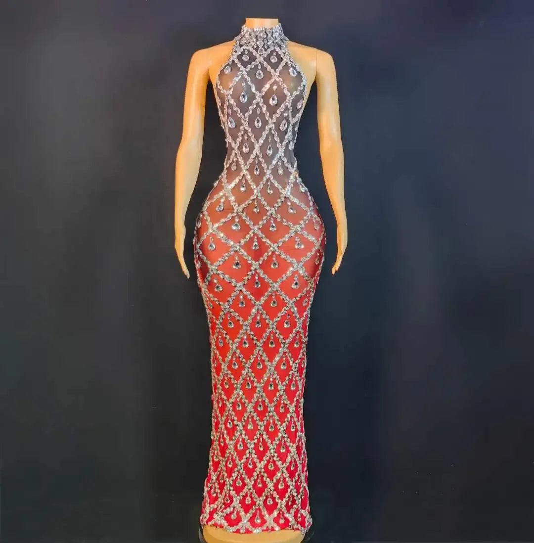 Black Red Gradient Color Sleeveless Women Long Dress Elegant Birthday Party Evening Dresses Full Rhinestone Drag Queen Outfit - So Real Fashion