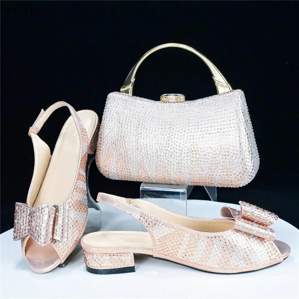 Autumn Fashion PU With Rhinestone Woman Sandal Shoes And Bag Set Elegant Low Heels Shoes And Bag To Match Set For Party - So Real Fashion