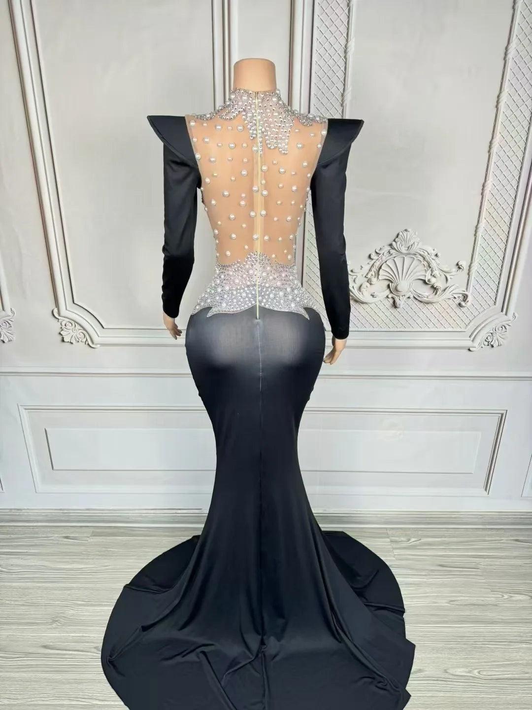 Sparkly Rhinestones Pearls Floor Length Dress Women Sexy Stage Mesh Evening CLub Prom Wedding Celebrate Birthday Photoshoot Wear - So Real Fashion