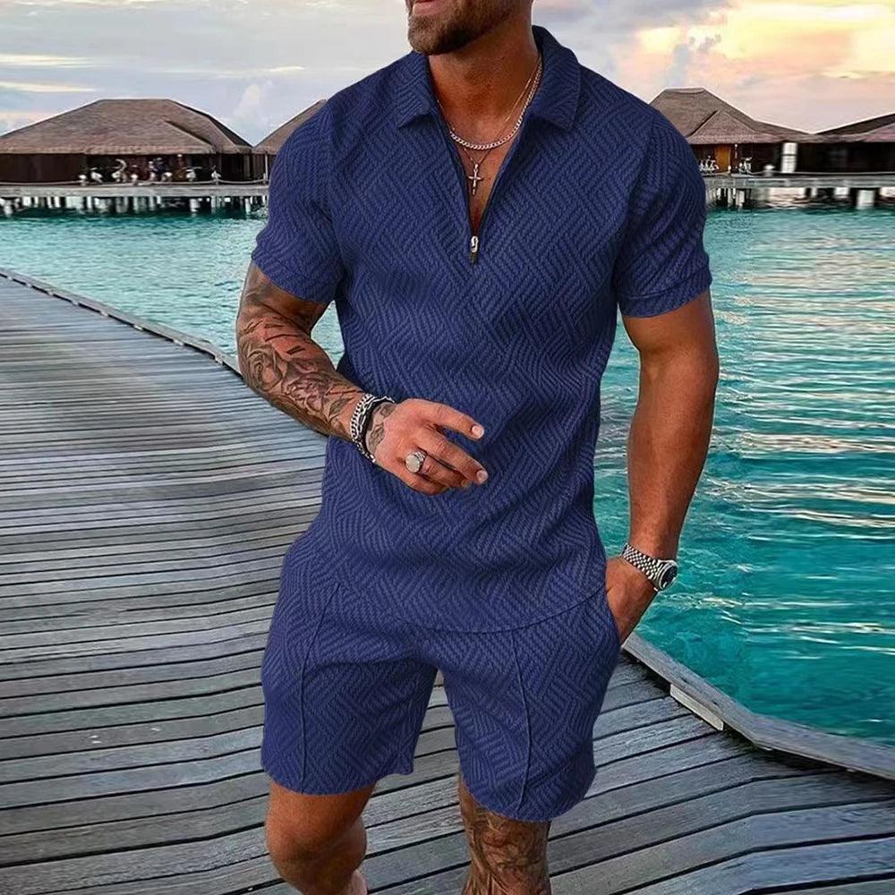 Men's Athletic T-Shirt Set Casual Mesh Lapel Short Sleeve Pullover Tops+Shorts 2-Piece Male Solid Thin Sporty Suits Black Zipper - So Real Fashion