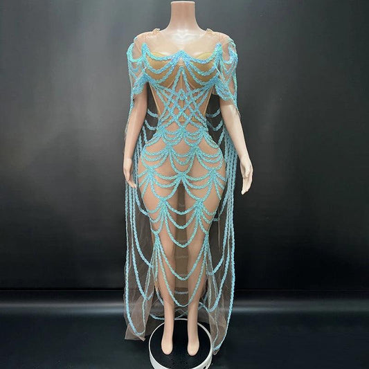 Prom Gown Long Dresses Sexy Birthday Party Outfit Transparent Evening Party Dress Women Stage Costume Gogo Clubwear Blue VDL2595 - So Real Fashion