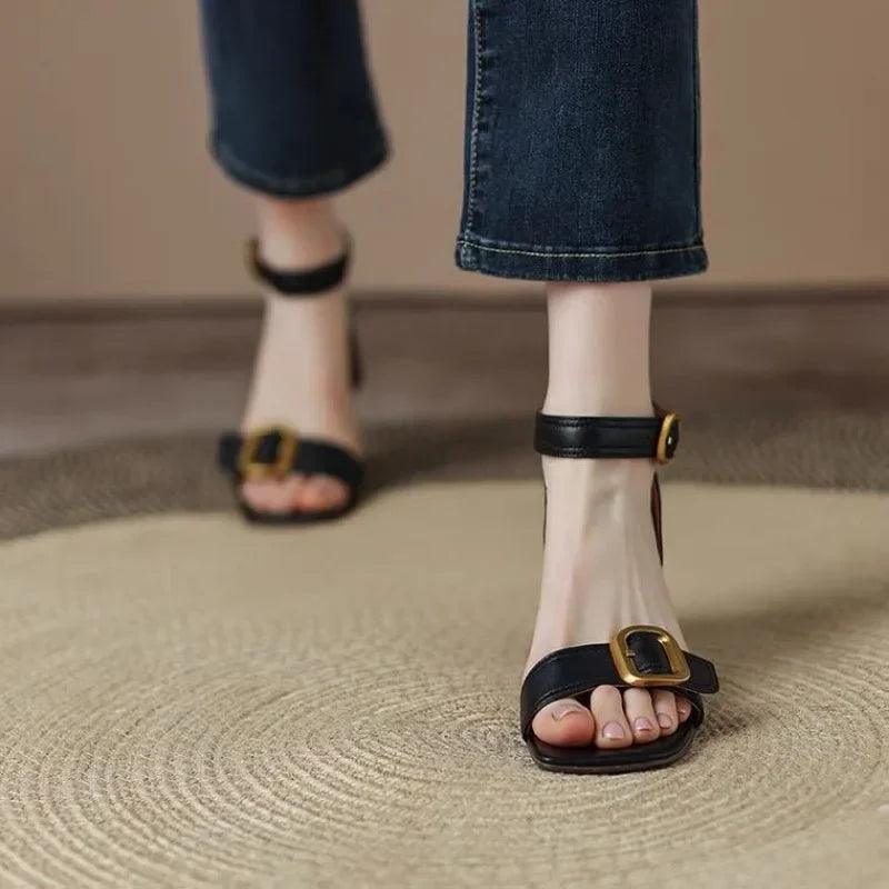 Ankle Strap VINTAGE Sandals for Women Open Toe High Heels Sandalias De Mujer Belt Buckle Square Heeled Women Pumps - So Real Fashion