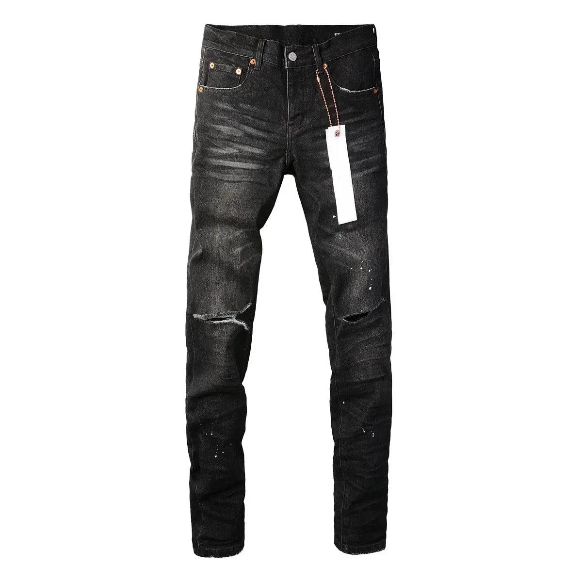 Purples Jeans Men Fashion high quality High Street Black Paint Dot Knife Cut Hole Repair Low Rise Skinny Denim brand Pants - So Real Fashion