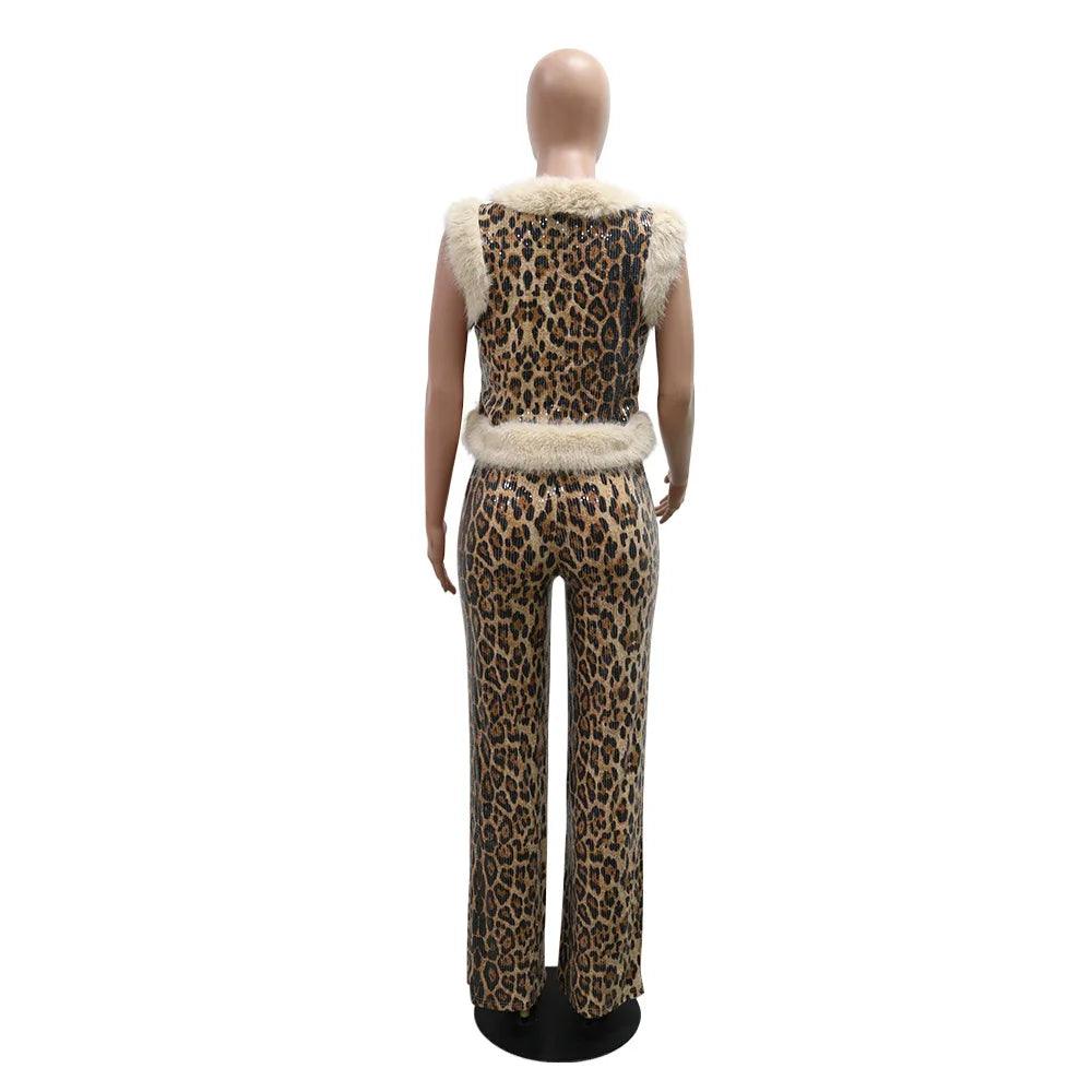 Women's Set Sleeveless Fur Leopard Sequined V-neck Wool Vest and Pant Suits 2024 Street Two 2 Piece Set Outfit Tracksuit - So Real Fashion