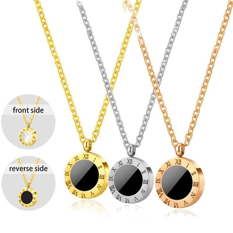 Stainless Steel Roman Numeral Black White Shell Necklace Earring For Women Fashion Round Pendant Collar Female Party Jewelry - So Real Fashion