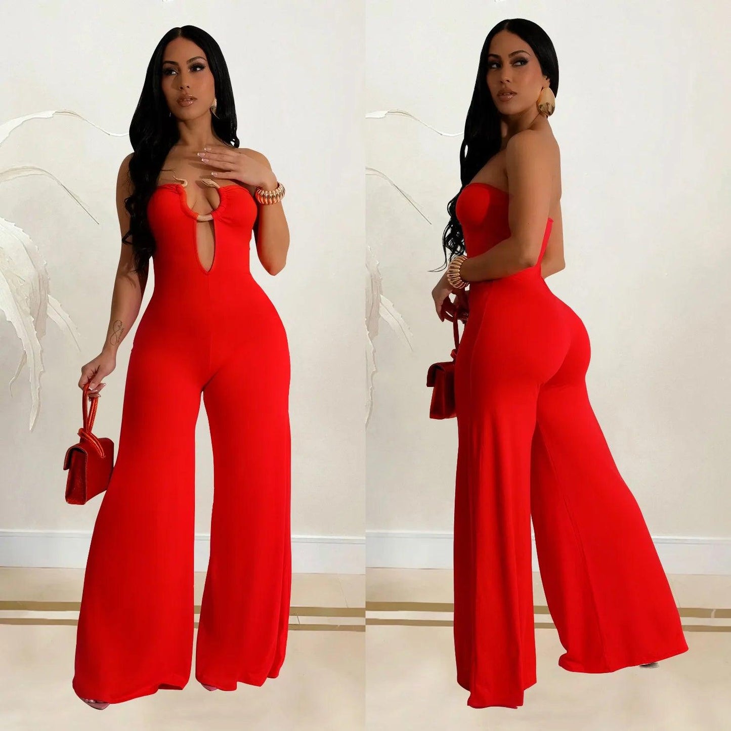 LKF Fashion Party Women's Jumpsuit Solid Color Chest Wrap Off Shoulder Hollow Fit Sexy Wide Leg Long Jumpsuit - So Real Fashion