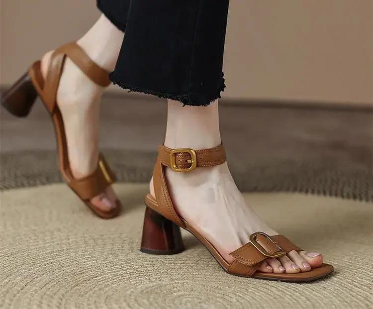 Ankle Strap VINTAGE Sandals for Women Open Toe High Heels Sandalias De Mujer Belt Buckle Square Heeled Women Pumps - So Real Fashion