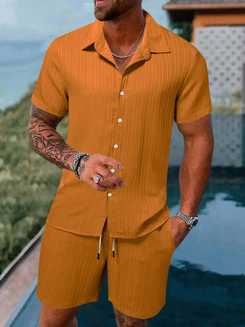 Men's beach suit striped solid color short sleeve shorts shirt Sports casual breathable lightweight high quality men's wear ins - So Real Fashion