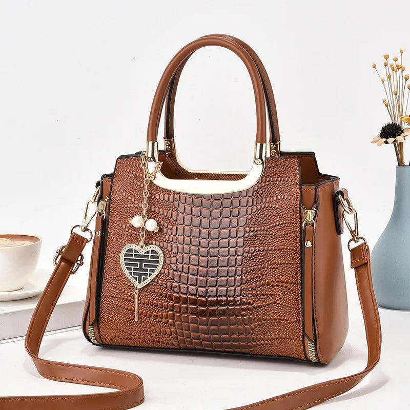 Glossy Crocodile Pattern Handbag, Women's Top Handle Satchel Purse, Fashion Crossbody Bag With Tassel Pendant - So Real Fashion