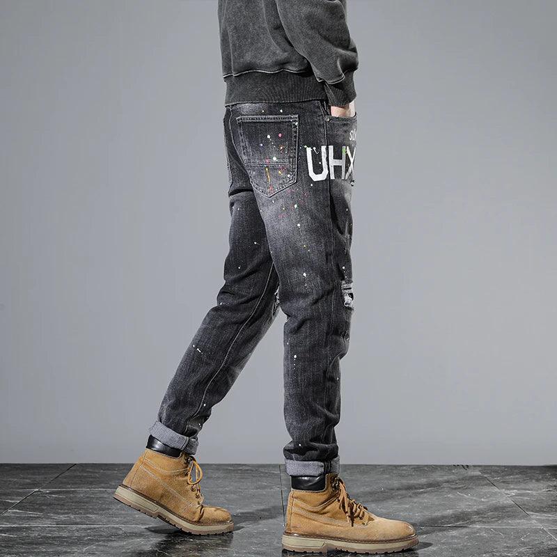 Ripped Jeans Men Black Gray Slim Stretch Hip Hop Denim Pants Moto Patch Distressed Trousers Man Grunge Letters Original Designer - So Real Fashion